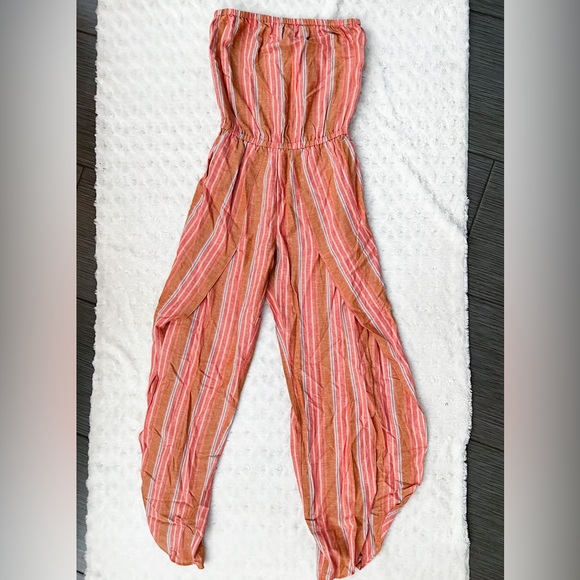 NWT- DREW Emerson Wide Split Leg Strapless Striped Linen Blend Romper - Picture 3 of 11